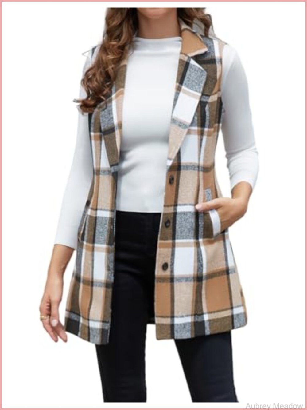 Plaid Wool Vest Sleeveless Blazer Jacket Notch Lapel Pockets Tweed